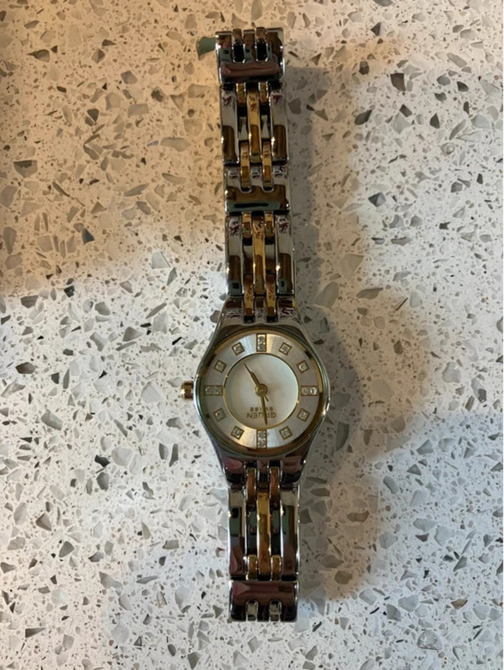 Gruen Womens Watch Two Tone Gold Silver Mother of Pearl Dial Crystal Markers Box